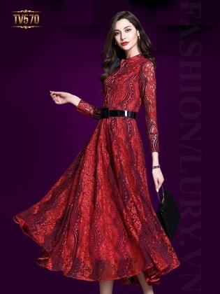 Đầm ren xòe dáng dài kèm đai đẹp TV570 (Màu đỏ)