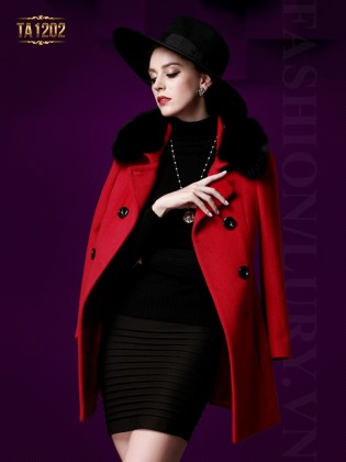 Áo khoác dạ đỏ cổ lông Hàn Quốc cao cấp TA1202